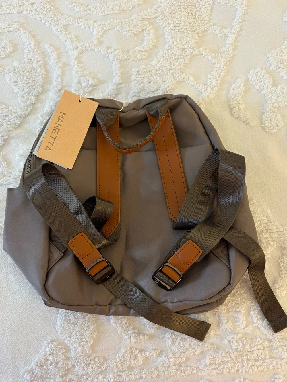 Dafuqi Backpack Taupe Gray Tan Faux Leather Silver Accents medium size NWT